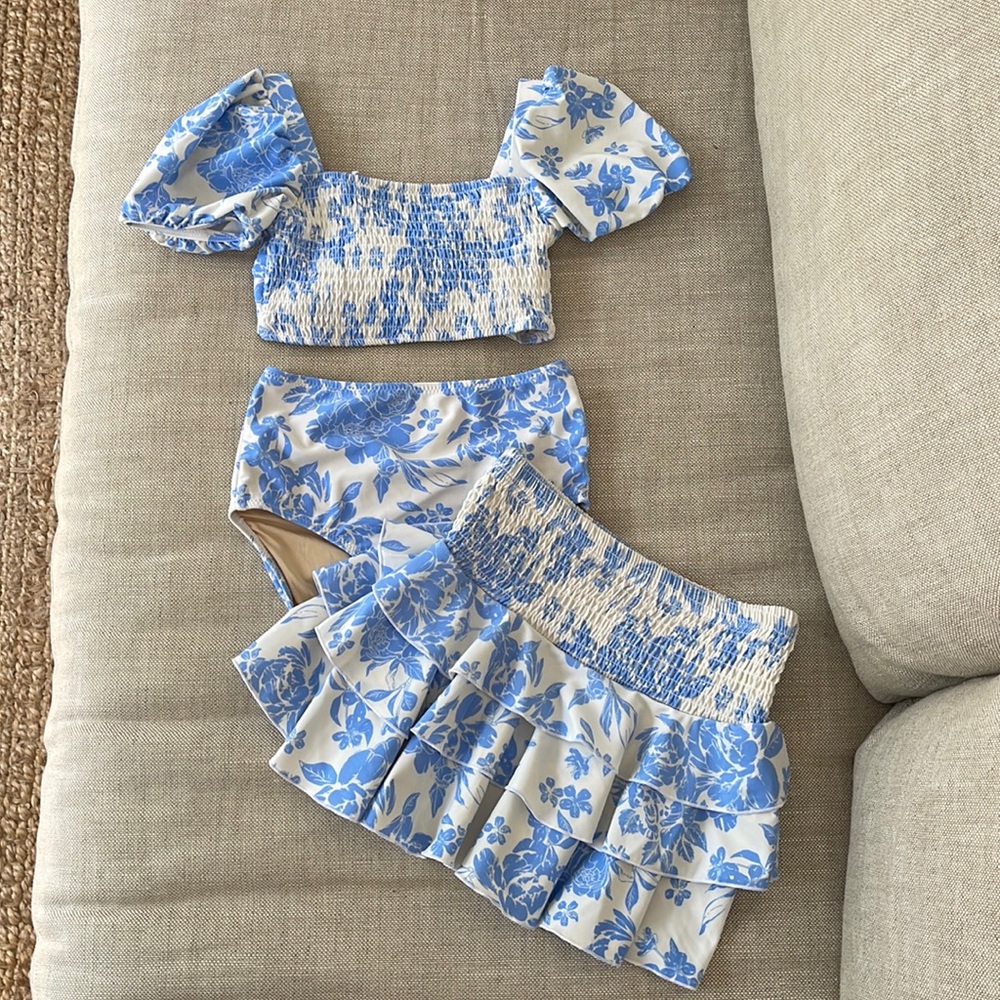 Blue Floral Girls' Smocked Bikini Set with Ruffle Swim Skirt